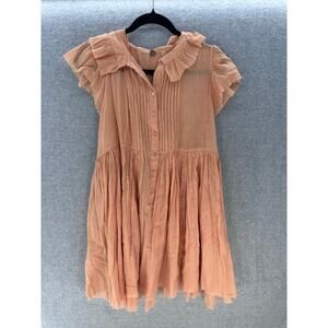 Free People Women's M Peach Smocked Button Down Babydoll 100% Cotton Tunic Dress